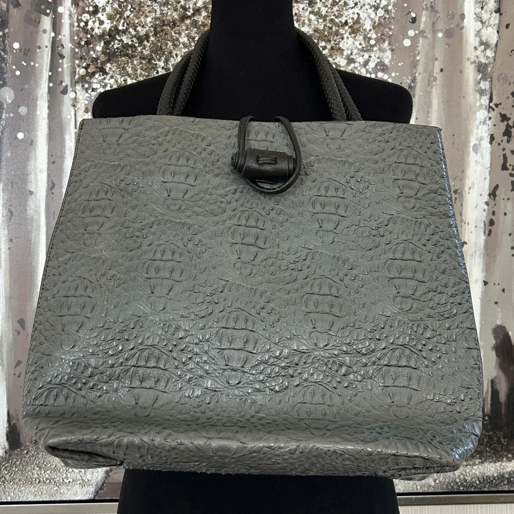 Gray Faux Crocodile-Embossed Dual Braided Top Closure Buckle Large Tote Bag